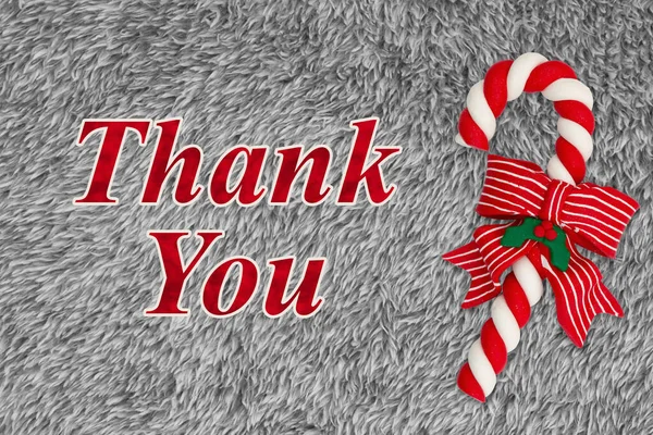 Thank You Message White Red Candy Cane Ribbon Gray Plush — Stockfoto