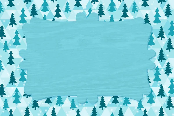Noel Ağacı Kağıdında Kar Ile Boş Mavi Ahşap Tabela — Stok fotoğraf