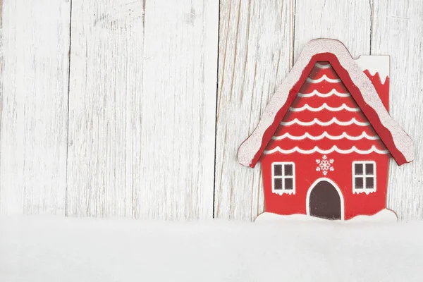 Casa Inverno Neve Espaço Cópia Madeira Resistida Para Mensagem Inverno — Fotografia de Stock