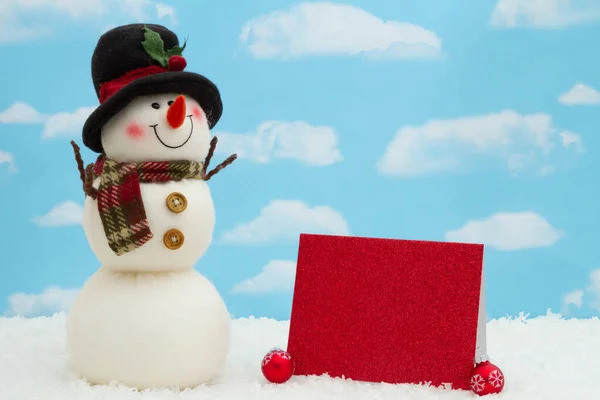 Muñeco Nieve Feliz Con Sombrero Tarjeta Felicitación Blanco Adornos Nieve —  Fotos de Stock