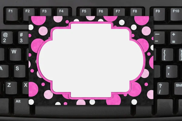 Blank Pink Polka Dot Greeting Card Gray Keyboard Your Online — Foto Stock