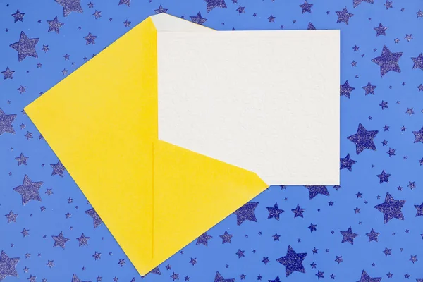 Blank Greeting Card Yellow Envelope Blue Stars Your Invitation Message — Stock Photo, Image