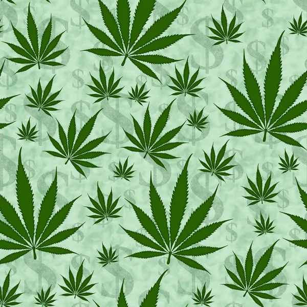 Grüne Dollarzeichen Und Cannabis Auf Nahtlosem Hintergrund Der Sich Für — Stockfoto