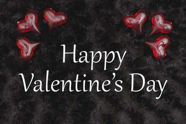 Happy Valentine Day Greeting Red Hearts Black Textured Fabric — Stock Photo, Image