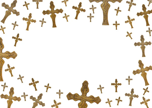 Religie Rand Met Bronzen Kruis Geïsoleerd Wit Met Kopieerruimte Voor — Stockfoto