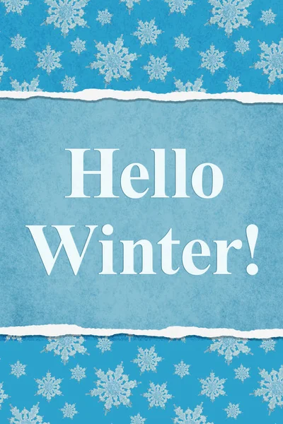 季節のコミュニケーションのための青と白の雪の結晶とこんにちは冬のメッセージ — ストック写真