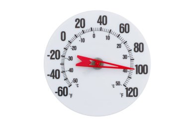 100 Fahrenhayt derecedeki termometre yaz veya sıcak mesaj için beyaza izole edilmiş.