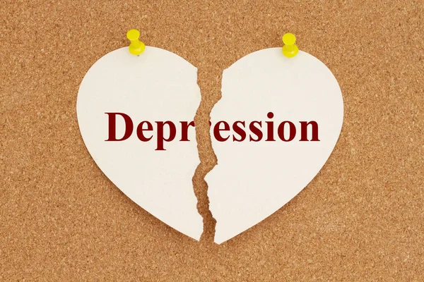 Depression Note Message Ripped Torn Apart Paper Heart Bulletin Board — Stock Photo, Image
