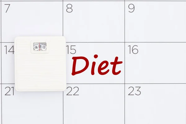 Rozpoczęcie Koncepcji Daty Diety Kalendarzu Skalą Wagi Dla Wiadomości Dietetycznych — Zdjęcie stockowe
