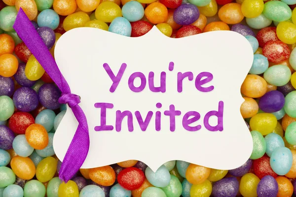 Youre Invited Message Gift Tag Colorful Jellybean Candy Your Easter — Stock Photo, Image