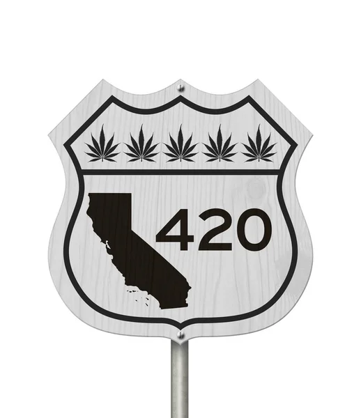 420 Μήνυμα Καλιφόρνια Φύλλα Κάνναβης Μια Αμερικανική Πινακίδα Αυτοκινητόδρομο Που — Φωτογραφία Αρχείου