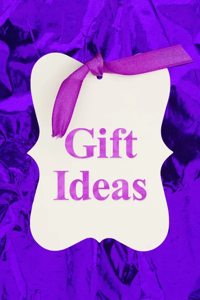 Cadeau Ideeën Boodschap Cadeau Tag Kleurrijke Paarse Glanzend Papier Voor — Stockfoto