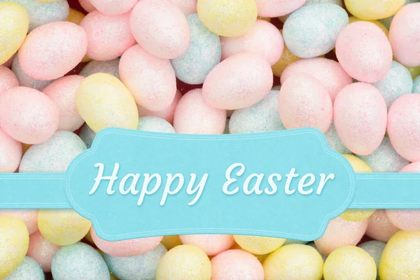 Καλή Πάσχα Χλωμό Μπλε Ευχετήρια Κάρτα Πολύχρωμα Παστέλ Αυγά Πάσχα — Φωτογραφία Αρχείου