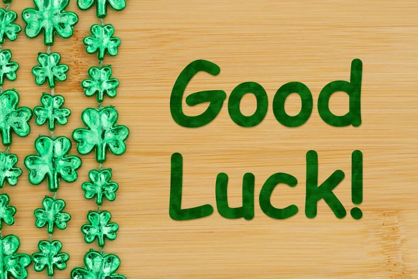 Good Luck Message Green Shamrocks Light Brown Grained Wood — Stock Photo, Image