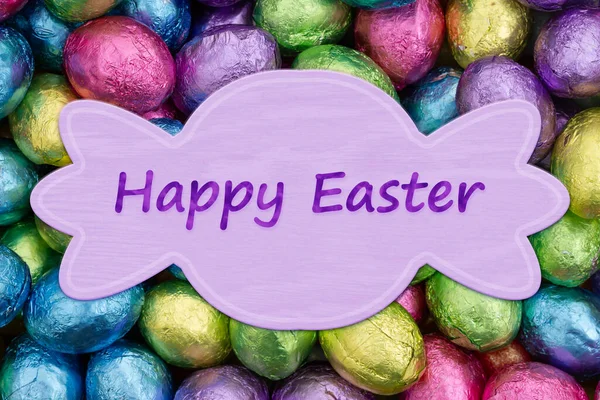 Happy Easter Pale Purple Greeting Card Colorful Shiny Easter Eggs — Stock Photo, Image