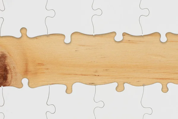 Working Together Teamwork Concept Coming Together Puzzle Pieces Wood Desk — Stock Photo, Image