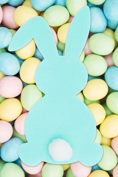 Blank Bunny Back Sign Pastel Easter Eggs Greeting Card Your — Stock Photo, Image