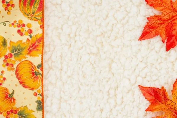 Red and orange fall leaves border autumn background on beige sherpa material for your seasonal message