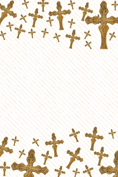 Religie Rand Met Bronzen Kruis Wit Met Stroken Met Kopieerruimte — Stockfoto