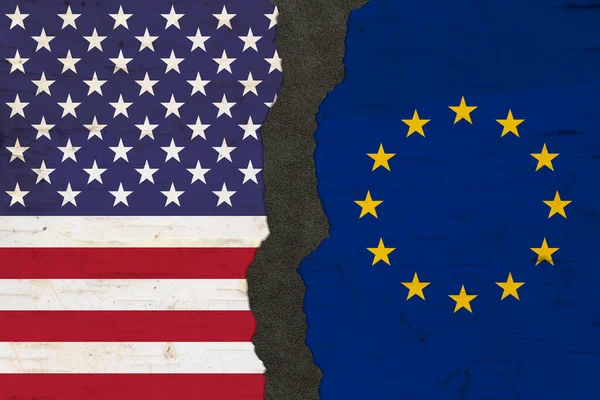 American and EU flags that are torn apart with dark separation material