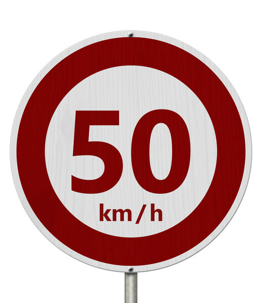 Red and white 50 km speed limit European style sign isolated over white