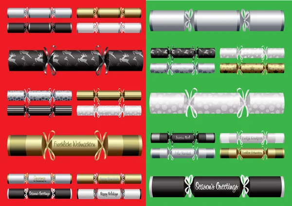 Zilver, goud, platina en zwarte christmas crackers in een verscheidenheid van stijlen op een witte achtergrond. — Stockfoto