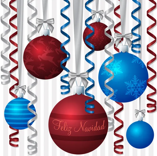 Spanish blue and red ribbon and bauble inspired "Merry Christmas" card — Stock Photo, Image