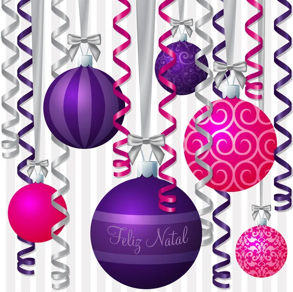 Portuguese pink and purple ribbon and bauble inspired "Merry Christmas" card — Stock Photo, Image