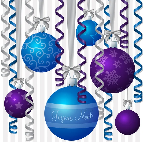 French blue and purple ribbon and bauble inspired "Merry Christmas" card — Stock Photo, Image