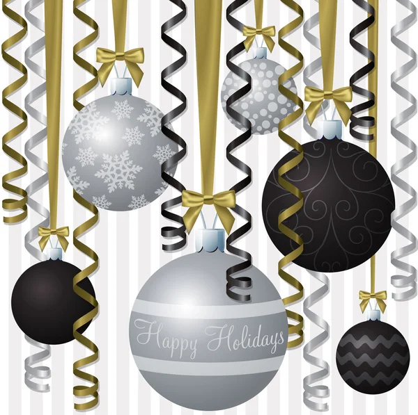 Srebrna i czarna wstążka i bombka inspirowane kartą "Happy Holidays" — Zdjęcie stockowe
