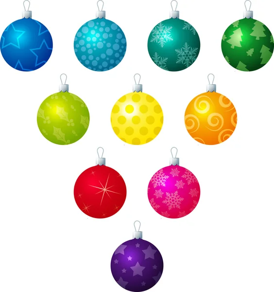 Different coloured patterned Christmas baubles on a white background. — Stock Photo, Image