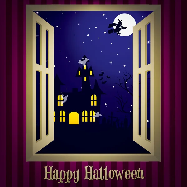 Tittar genom fönstret på ett hemsökt hus halloween kort — Stockfoto