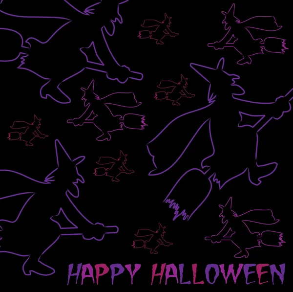 Boszorkány egy seprűnyél kézzel rajzolt "happy halloween" kártya — Stock Fotó