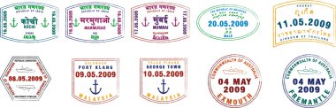 A collection of stylised passport stamps from Asia, India and Australia on a white background clipart