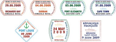 A collection of stylised African and island passport stamps on a white background clipart