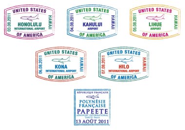 Hawaii and French Polynesia passport stamps clipart