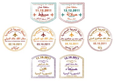 Stylized passport stamps of Jordan and Syria