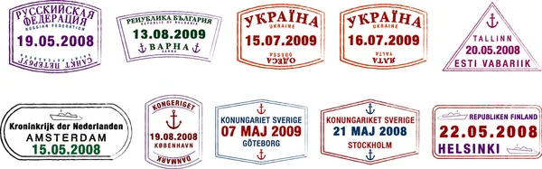 A collection of stylised Northern European passport stamps on a white background — Stok fotoğraf