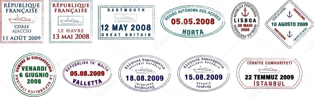 A collection of stylised European passport stamps on a white background