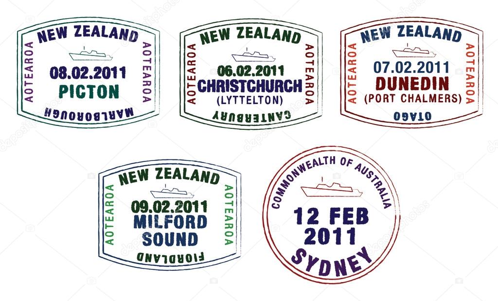  stylised passport stamps from Australia and New Zealand