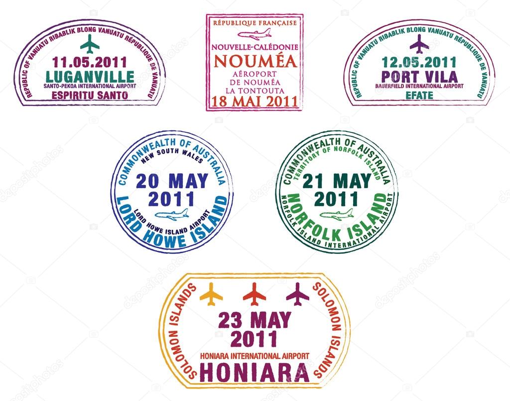 Passport stamps from the western Pacific Island countries