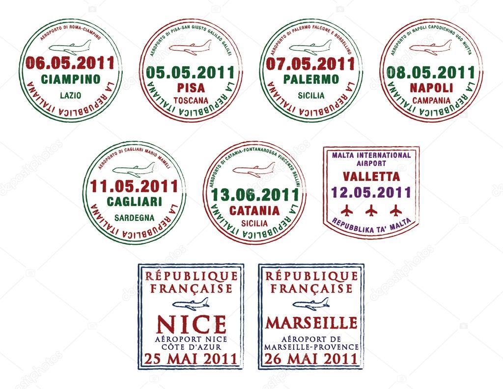 Passport stamps from Italy, Malta and France