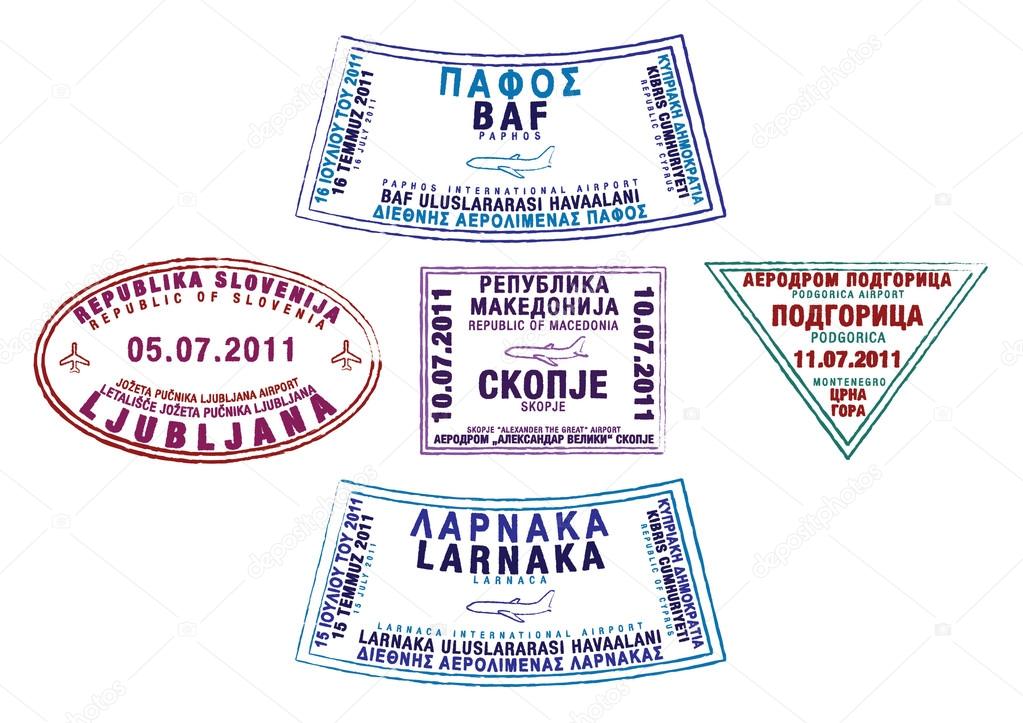 Passport stamps from Cyprus, Slovenia, Macedonia and Montenegro