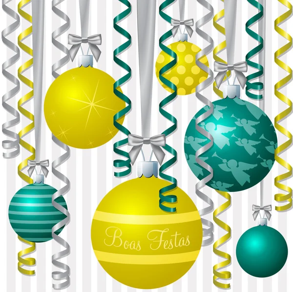 Brasileña portuguesa aqua y cinta amarilla y bauble inspirado "Feliz Navidad" tarjeta en formato vectorial . — Archivo Imágenes Vectoriales