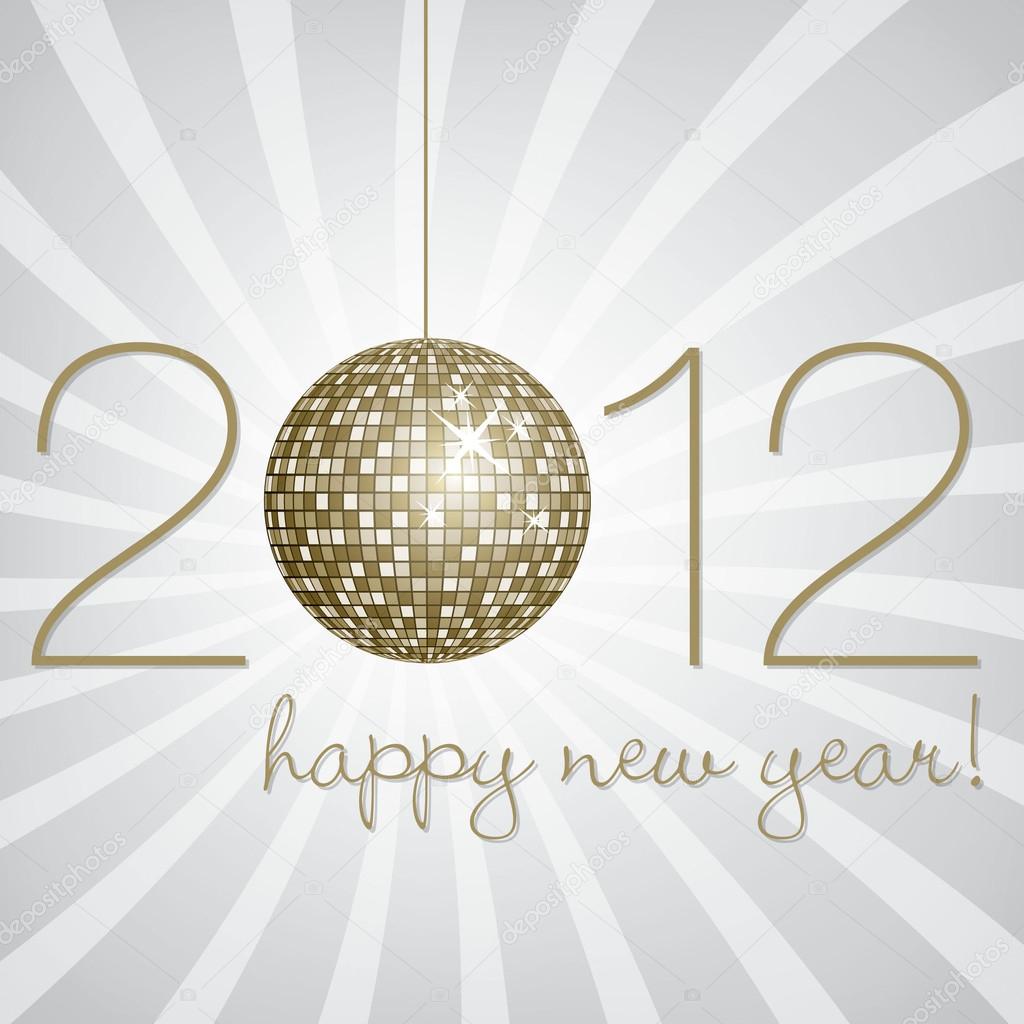 Grey and gold disco ball Happy New Year Card in vector format.