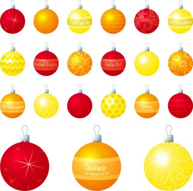A vector illustration of orange and yellow different patterned Christmas baubles on a white background clipart