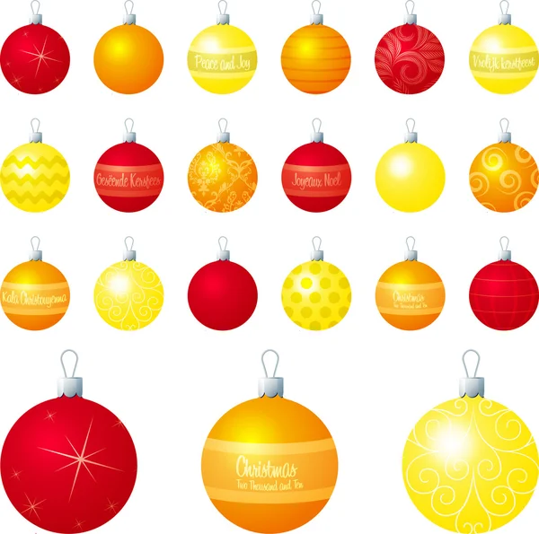 Un vector ilustración de naranja y amarillo diferentes estampados bolas de Navidad sobre un fondo blanco — Vector de stock
