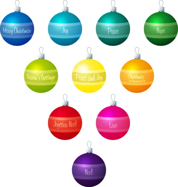 A vector illustration of different coloured Christmas baubles on a white background — Stock Vector