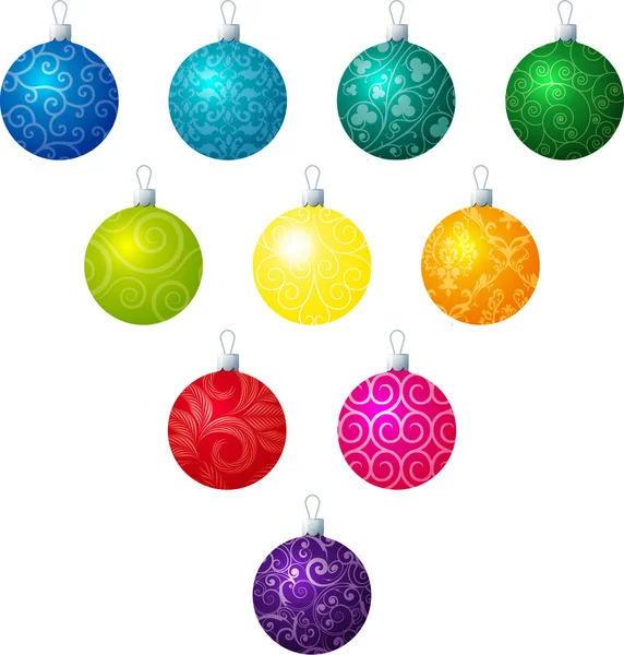 Una ilustración vectorial de diferentes líneas de colores estampadas bolas de Navidad sobre un fondo blanco — Vector de stock