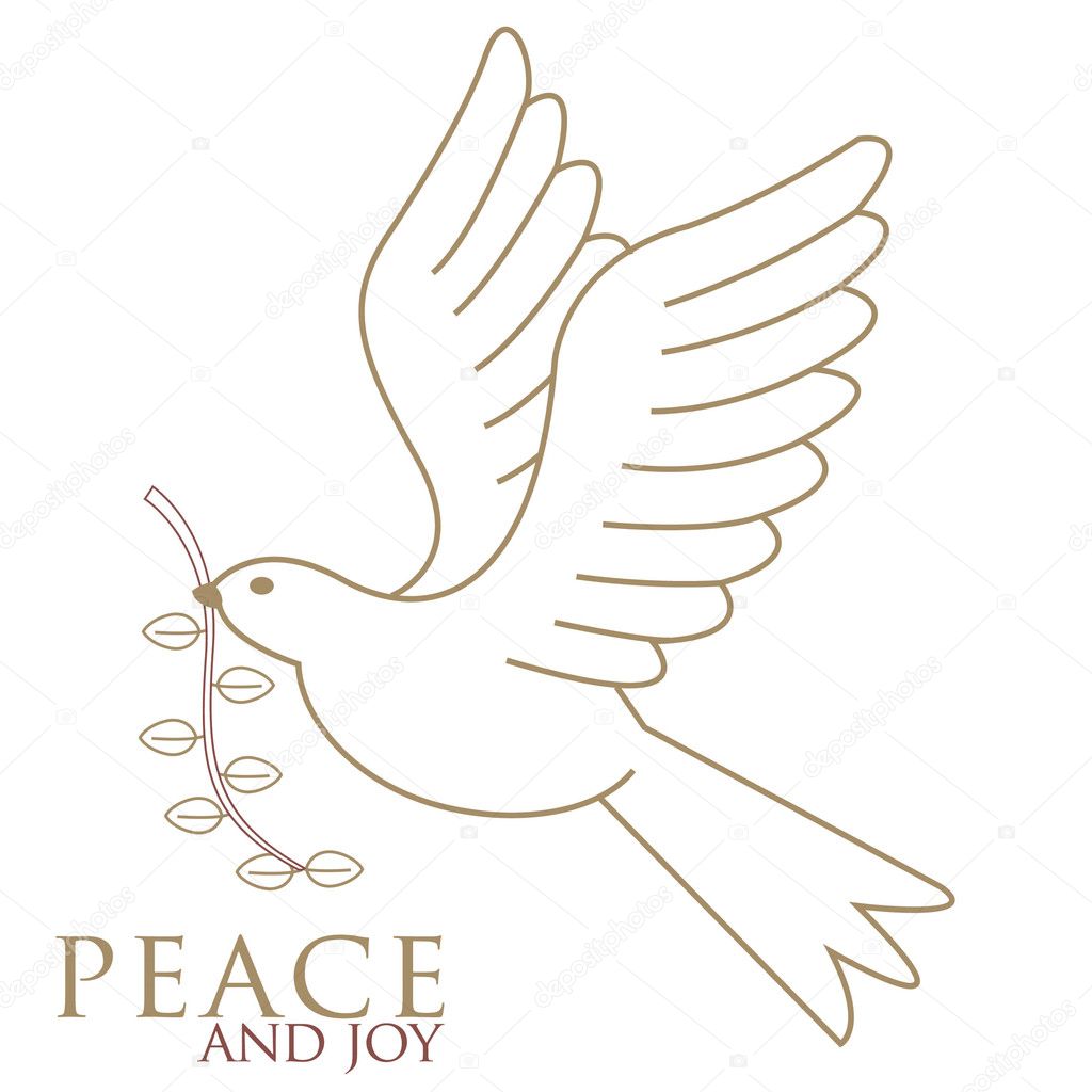The Dove of peace in flight in gold with a brown olive twig in its beak drawn for our personal Christmas cards